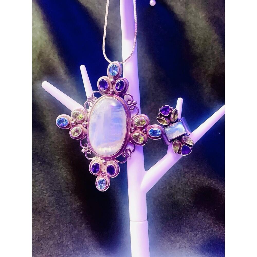Vintage Heavy Chunky Sterling Moonstone, Amethyst, Aquamarine, Peridot Necklace